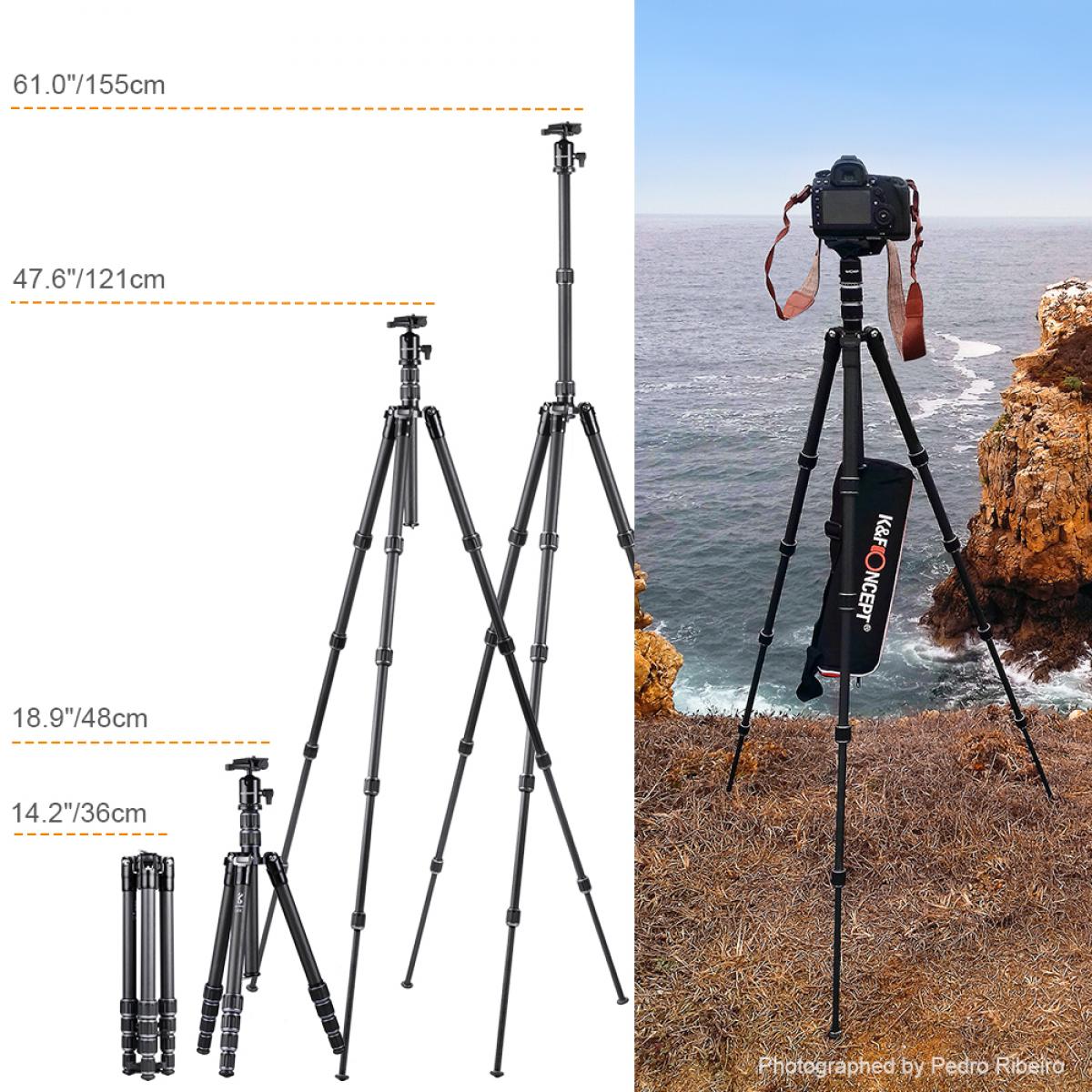 B210 Travel Tripod Light Carbon Fiber with 2 sections Central Column / Metal Accessories / Case / 360 ° Ball Head / for Vlogging Travel for Canon Nikon Sony Olympus Camera