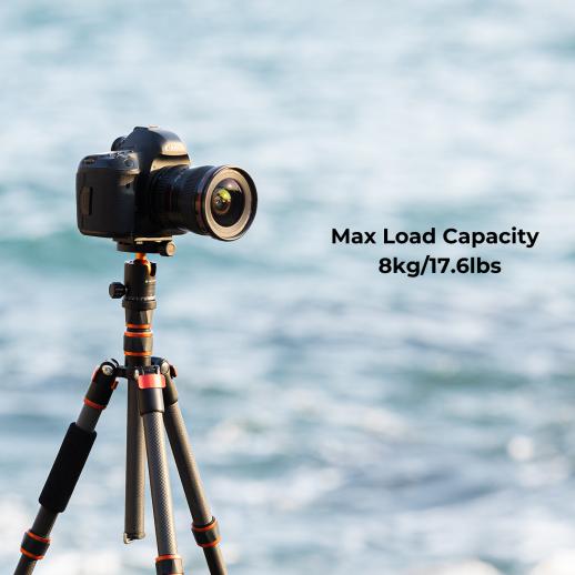 BA225 カーボンファイバーカメラ三脚、60"/1.5m、17.6lbs/8kg、360°ボールヘッド、取り外し可能な一脚 - K&F