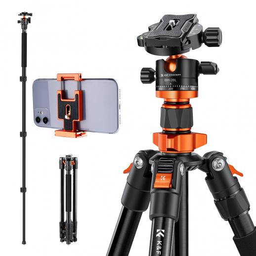 Tripé de câmera portátil com suporte para telefone Tripé profissional de alumínio para viagem Vlog para telefone 62 '' / 158 cm 22 libras Carga com monopé removível 360 ° para DSLR SLR SA254M1