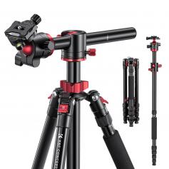 67”/1.7m Aluminum Video Camera Tripod Transverse Center Column 26lbs/12KG Load Capacity Portable Monopod with 32mm Ball Head  Quick Release Plate, for Travel and Work T255A4+BH-32L(Red)