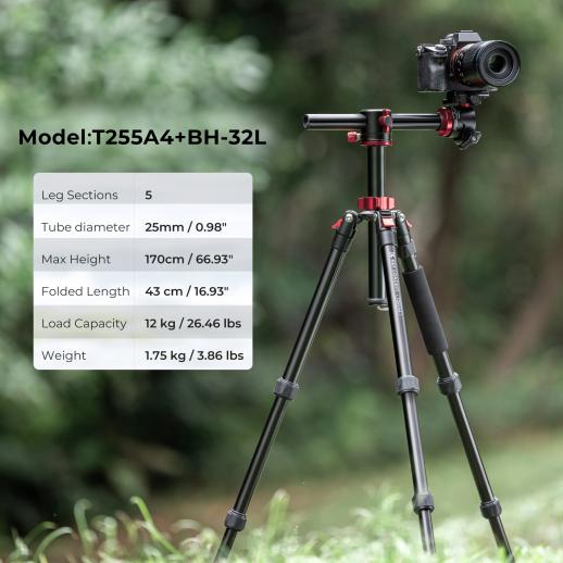 67/1.7m Carbon Fiber Tripod 22lbs Load Lightweight Travel camera Tripod  with Phone Mount for SLR DSLR, D255C4+BH-28L (SA255C1)