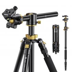 67”/1.7m Aluminum Video Camera Tripod Transverse Center Column 26lbs/12KG Load Capacity Portable Monopod with 32mm Ball Head  Quick Release Plate, for Travel and Work T255A4+BH-32L (Golden)