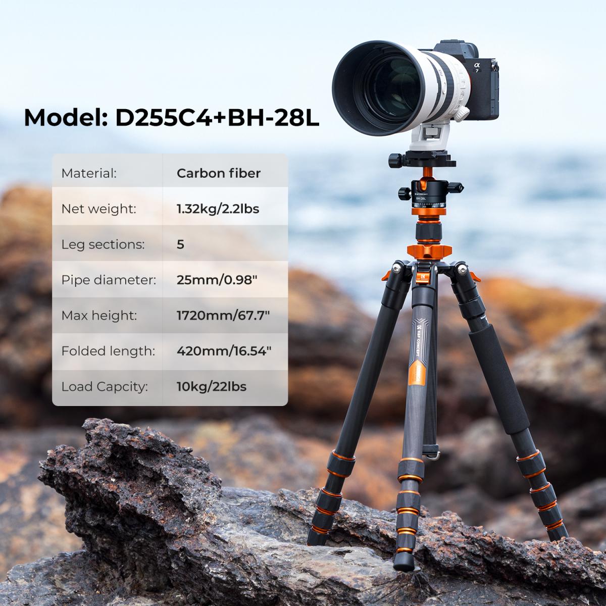 K&F Concept SA255C1 Carbon Fiber Camera Tripod with Phone Mount