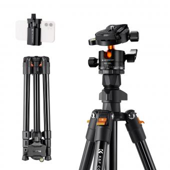 K&F CONCEPT 63.8''/1.63m Aluminum Travel Tripod 22lbs/10kg Load Reflexible Toggle Lock  K234A0+BH-28L with CNC BH-28L Head, with Mobile Phone Clip