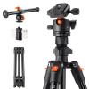 K&F Concept 76.7 inch Camera Tripod with Rotatable Multi-Angle Center Column,Lightweight Travel Outdoor DSLR Tripods with 360 Degree Ball Head Load Capacity 8kg/17.6lbs, Cellphone Clips for Smartphone