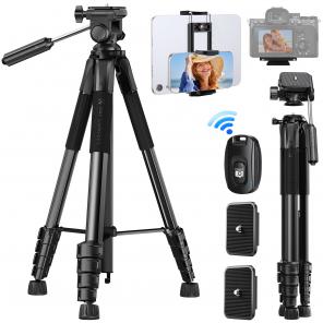 K&F Concept 75" Lightweight Tripod, Camera Compact Tripod with Remote and 2-in-1 Phone Holder,Travel Phone Tripod with Removable 3-Way Pan Head for Selfie/Video Recording/Photo/Live Stream/Vlog