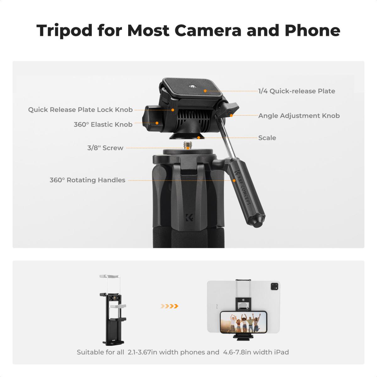 K&F Concept 75" Lightweight Tripod, Camera Compact Tripod with Remote and 2-in-1 Phone Holder,Travel Phone Tripod with Removable 3-Way Pan Head for Selfie/Video Recording/Photo/Live Stream/Vlog