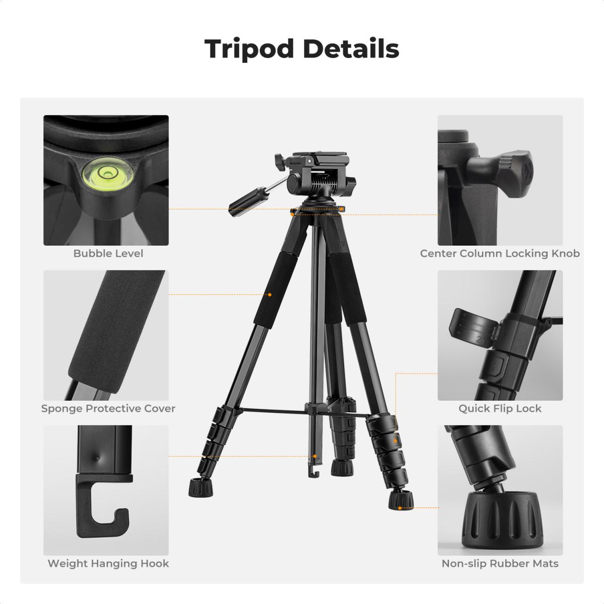 K&F Concept 75" Lightweight Tripod, Camera Compact Tripod with Remote and 2-in-1 Phone Holder,Travel Phone Tripod with Removable 3-Way Pan Head for Selfie/Video Recording/Photo/Live Stream/Vlog