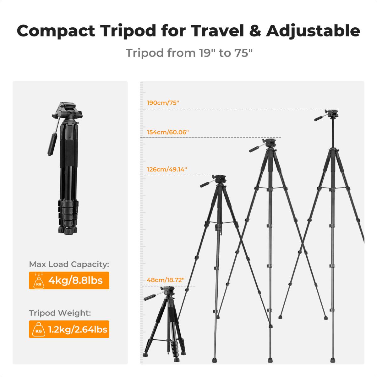 K&F Concept 75" Lightweight Tripod, Camera Compact Tripod with Remote and 2-in-1 Phone Holder,Travel Phone Tripod with Removable 3-Way Pan Head for Selfie/Video Recording/Photo/Live Stream/Vlog