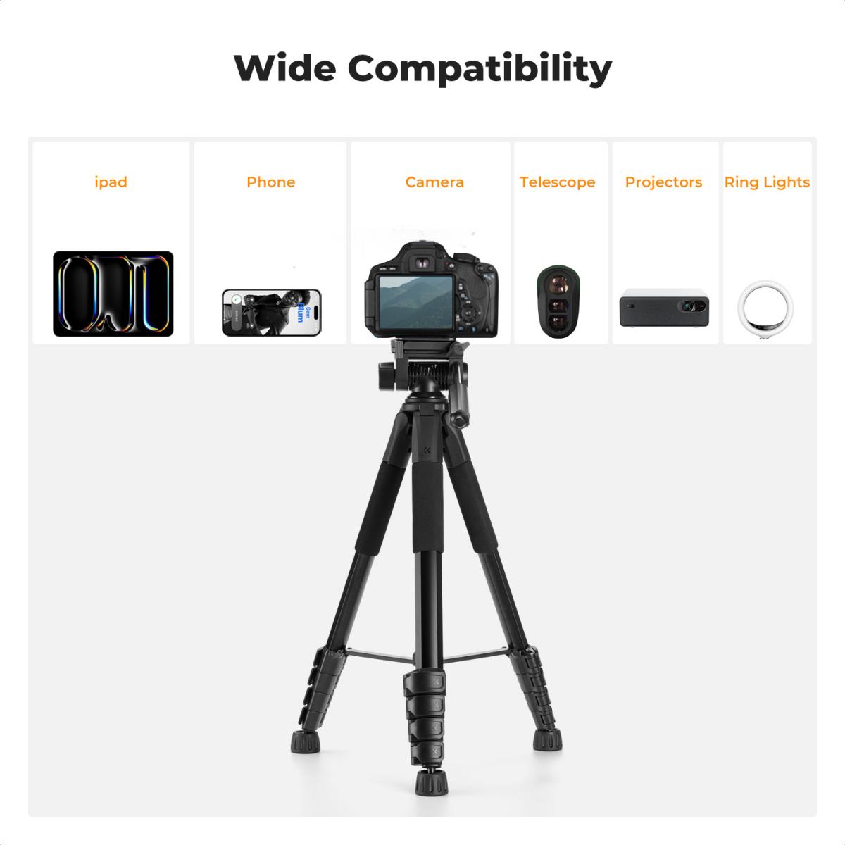 K&F Concept 75" Lightweight Tripod, Camera Compact Tripod with Remote and 2-in-1 Phone Holder,Travel Phone Tripod with Removable 3-Way Pan Head for Selfie/Video Recording/Photo/Live Stream/Vlog