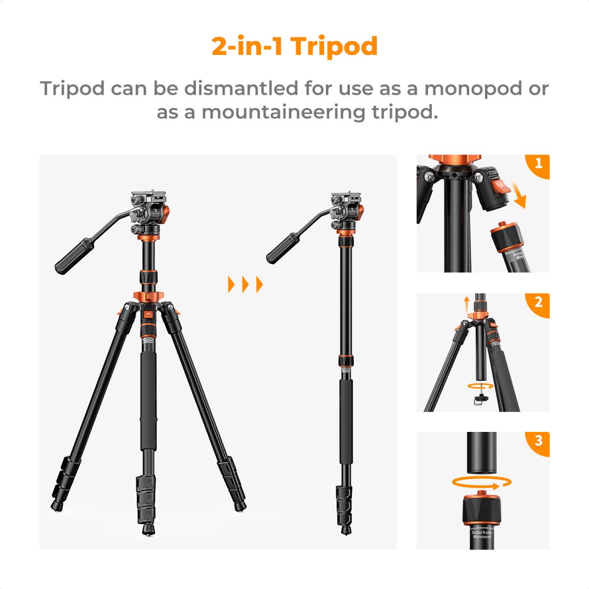 Tripé de vídeo para câmera dslr, 83 ''/2.1m, tripé de alumínio compacto com cabeça fluida e carga de 5kg para viagens e trabalho k234a7 + fh-03