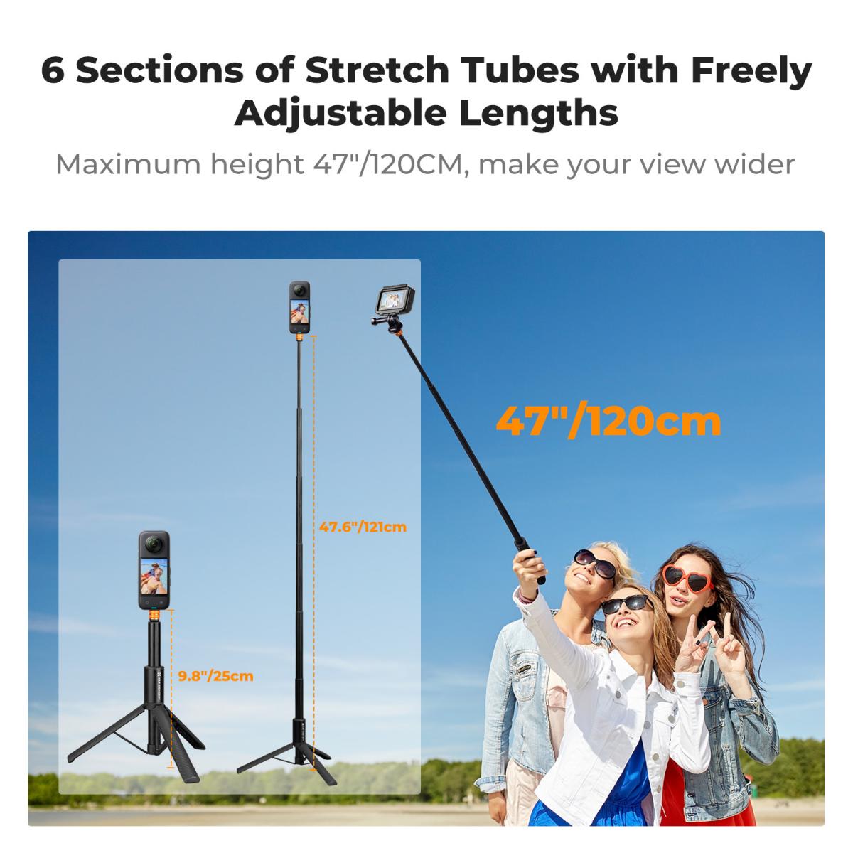 K&F Concept Invisible Selfie Stick, Extension Long Pole（120cm/47.2in） for Insta360 Sports Camera GoPro DJI Action, 1/4" Extended Monopod with GoPro Adapter.