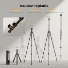 192 cm (75") Trépied Appareil Photo en Aluminium, Trépied Caméra Doté de Tête à Rotule sans Huile Inclut Support de Téléphone & Télécommande Bluetooth｜Dimension pliée: 43 cm