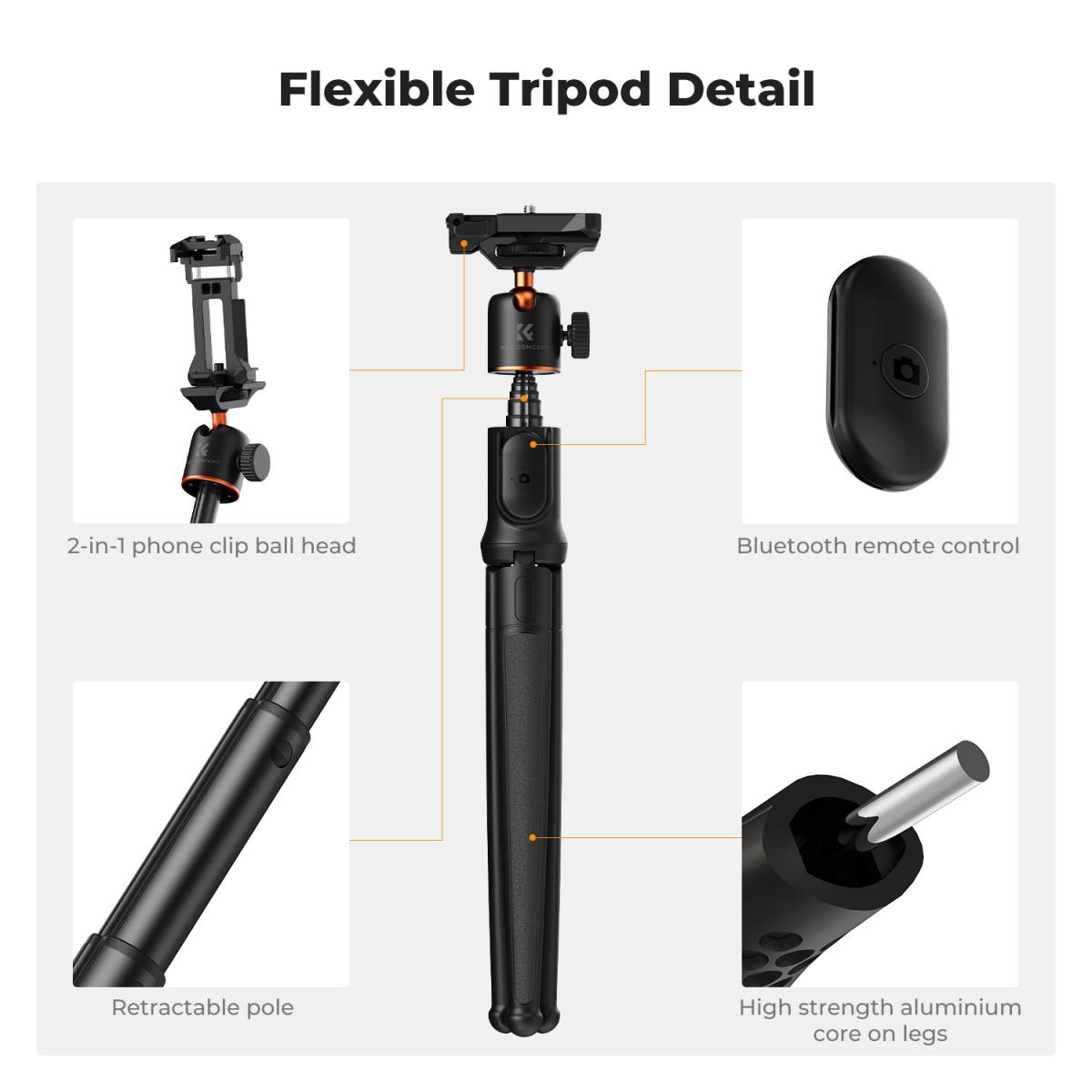 Tripé para celular K&F Concept, tripé flexível extensível com controle remoto, tripé pequeno de 24 pol. para iPhone, minitripé com carga máxima de 4,4 lb para iPhone 16, 15, 14 Pro Max XS Max X 8, câmeras Samsung Canon Nikon Sony.