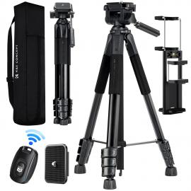 68인치 카메라 삼각대, 경량 휴대용 여행용 야외 DSLR 삼각대 (카메라, 휴대폰, 비디오 촬영용), 스마트폰 라이브 스트리밍 브이로그용 휴대폰 클립 S254A3+BV01