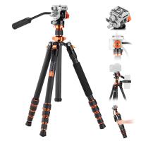 67"/1.7m Carbon Fiber Lightweight Camera Tripod with Hydraulic Video Tripod Head, Foldable, Detachable Single Leg, Metal Screw Lock, Omni Serie O255C4+FH-03