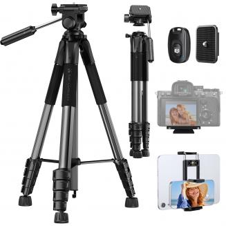 75" Camera Tripod Lightweight Portable Travel Outdoor DSLR Tripods for Camera Phone Video Recording Tripod Stand, Cellphone Clip for Smartphone Live Streaming Vlog (black+dark grey, 75'')