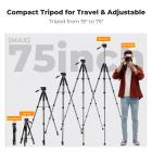 75" Camera Tripod Lightweight Portable Travel Outdoor DSLR Tripods for Camera Phone Video Recording Tripod Stand, Cellphone Clip for Smartphone Live Streaming Vlog (black+dark grey, 75'')