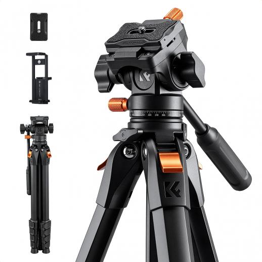 K&F Concept 63" Camera Tripod with Fluid Head, Lightweight Aluminum Video Tripod for Vlogging, Travel & Live Streaming
