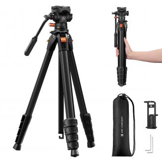 73インチ カメラ三脚（フルードヘッド付き）、アルミニウム製トラベル三脚（ビデオ撮影用）、DSLRミラーレスカメラ用スムーズパン/チルト機能、最大耐荷重6.6ポンド、ライブストリーミング、Vlog、スポッティングスコープ用 K&F CONCEPT