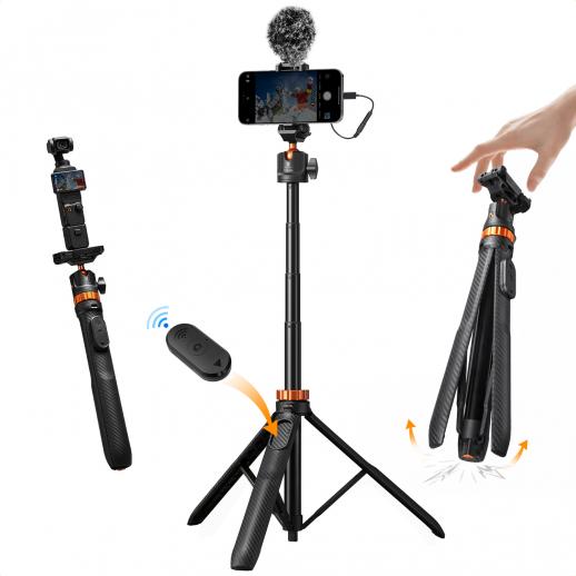 K&F Concept 62" Selfie Stick Tripod with Remote, Auto Open Phone Tripod for Vlogging & Travel