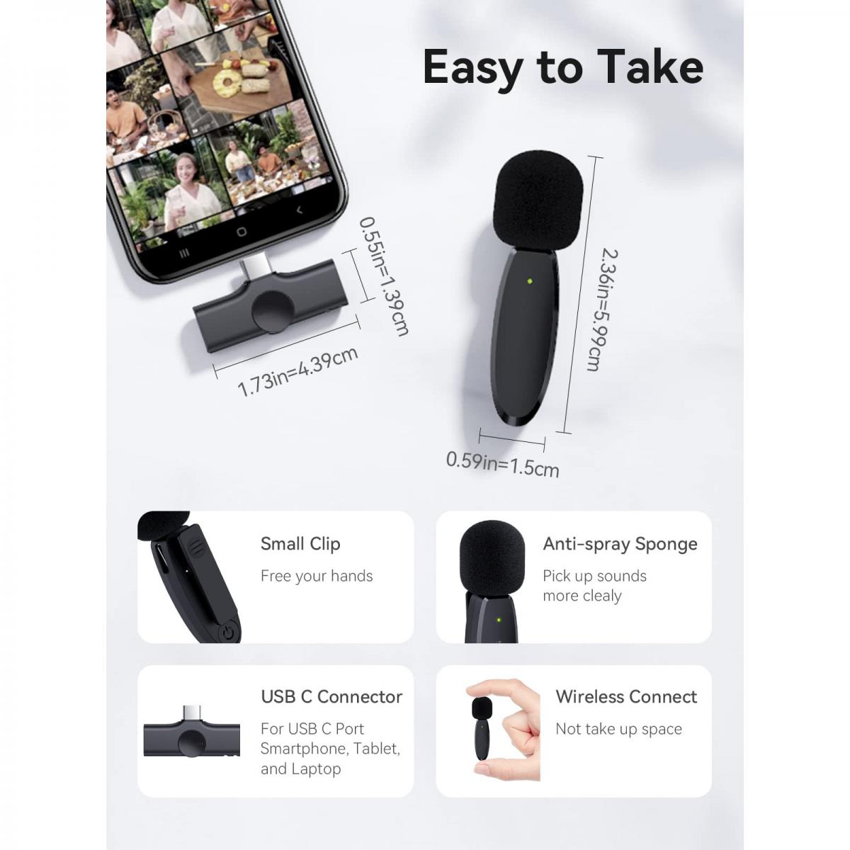 Android용 AP004 무선 라발리에 마이크 - 동영상, 라이브 스트리밍, 동영상 블로그용 USB C 미니 라발리에 마이크 ...