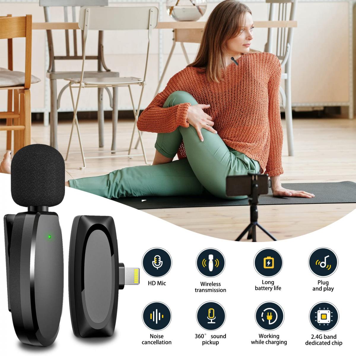 AP004 Plug and Play Wireless Lavalier Microphone for for iPhone 14 pro Recording, Wireless Microphone for YouTube, TikTok, Facebook Live, Vlog No App