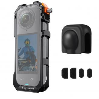 K&F Concept スタンダードカメラケージ Insta360 X5対応、アルミ合金製保護フレームケース、シリコンレンズカバー付き | 1/4インチネジ穴 | マイクとLEDビデオライト用コールドシューマウント2個