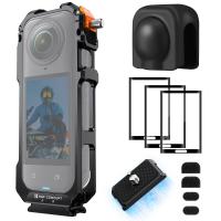 K&Fコンセプトカメラケージ（Insta360 X5対応）、アルミ合金製保護フレームケース、シリコンレンズカバー＋スクリーンプロテクター付き｜1/4インチネジ穴｜マイク、LEDライト用コールドシューマウント2個