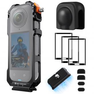 K&Fコンセプトカメラケージ（Insta360 X5対応）、アルミ合金製保護フレームケース、シリコンレンズカバー＋スクリーンプロテクター付き｜1/4インチネジ穴｜マイク、LEDライト用コールドシューマウント2個