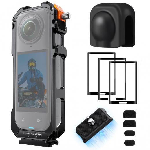 K&Fコンセプトカメラケージ（Insta360 X5対応）、アルミ合金製保護フレームケース、シリコンレンズカバー＋スクリーンプロテクター付き｜1/4インチネジ穴｜マイク、LEDライト用コールドシューマウント2個