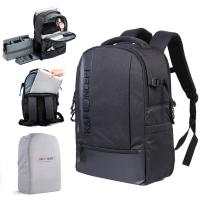 キャンバスカメラバックパック、レインカバーとサイド開口部を備えた多機能15インチカメララップトップバックパック、三脚用の独立した部屋DSLRカメラレンズアクセサリーと毎日の旅行服
