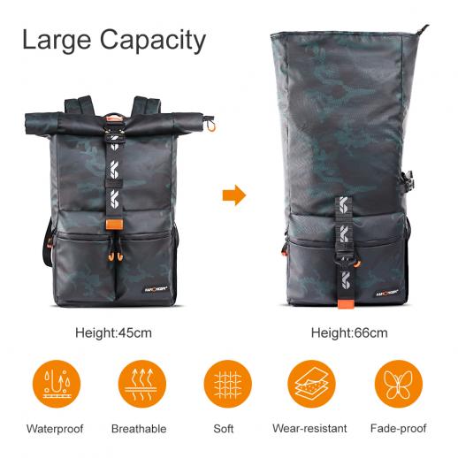 K&F Concept Roll Top Camera Backpack for Travel Photography, Large Hiking  Bag for DSLR Camera Lens Tripod Clothes, Waterproof Anti-theft Side Access Camera  Bag with Rain Cover, Fits in 15.6 Laptop 