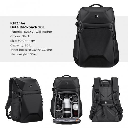 K&F Concept Camera Backpack 20L Large Waterproof Camera Bag with Front Hardshell / 15.6 Laptop / Tripod Compartment for Photographers, Black