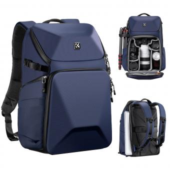 Mochila para câmera K&F Concept 20L grande bolsa para câmera à prova d'água com hardshell frontal / laptop de 15,6 "/ compartimento para tripé para fotógrafos, azul