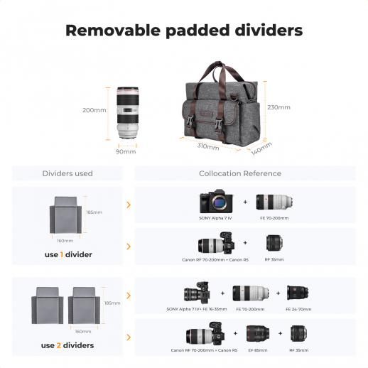 Sac Bandoulière Pour Appareil Photo AMBITFUL GM6 - Étanche IPX4, 8 Compartiments, Rembourré, Porte-trépied - Pour DSLR, Sans Miroir, 31x12x19,8 Cm