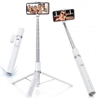 K&F Concept Self-Open Selfie Stick, Selfie Stick Tripod with Rechargeable Bluetooth Remote Control, Phone Holder for Vlog, Foldable and Lightweight Design, Compatible with iPhone/Android, White