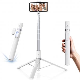 K&F Concept Self-Open Selfie Stick, Selfie Stick Tripod with Rechargeable Bluetooth Remote Control, Phone Holder for Vlog, Foldable and Lightweight Design, Compatible with iPhone/Android, White