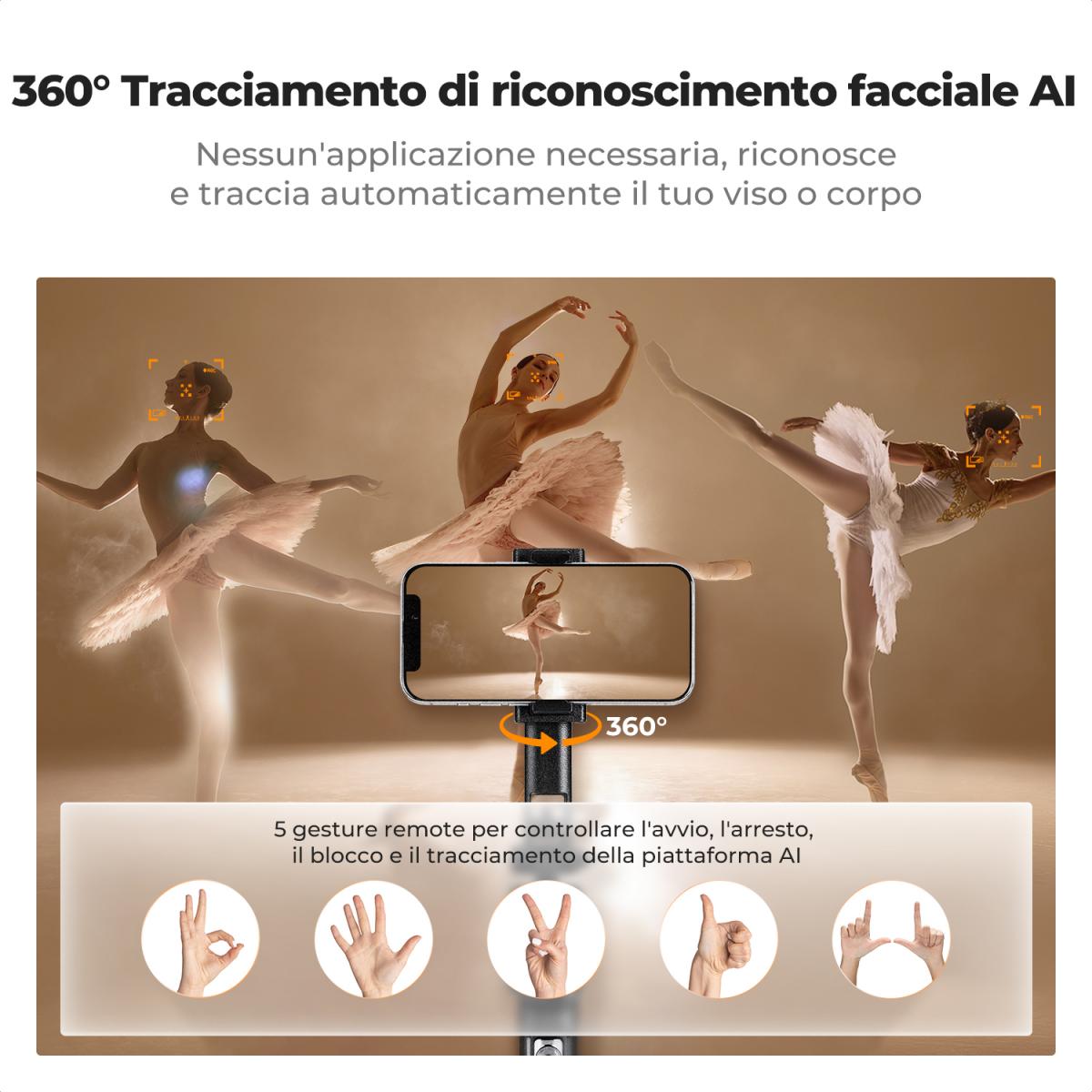 K&F CONCEPT 71" Treppiede con tracciamento del viso, Selfie Stick con tracciamento automatico del viso con 2 luci di riempimento, Treppiede con tracciamento automatico del viso 360 Rotazione con supporto, Controllo gestuale, Telecomando