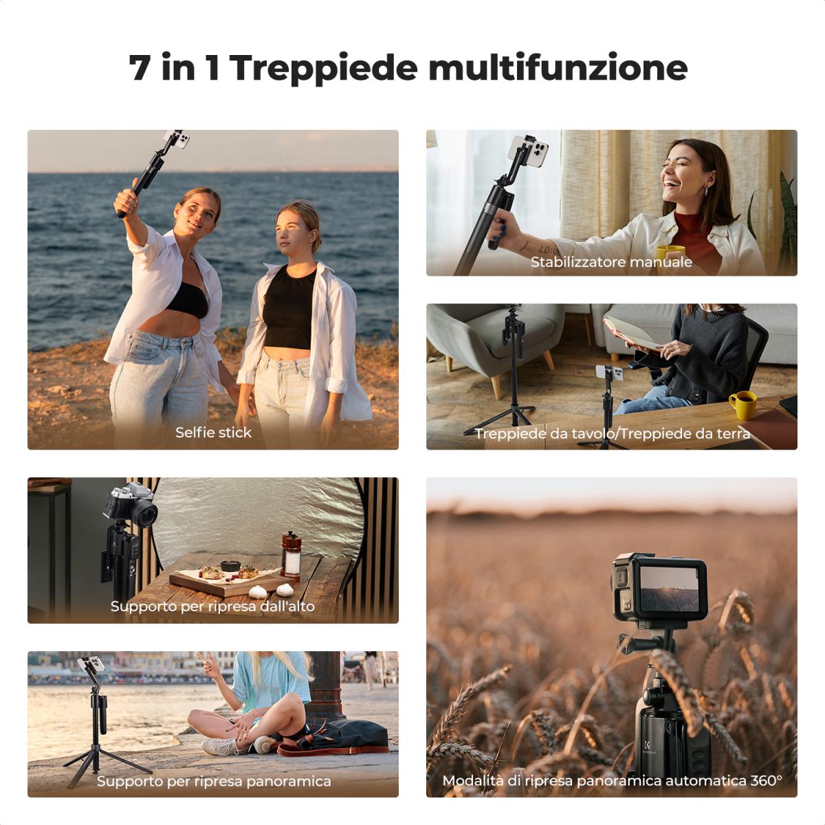 K&F CONCEPT 71" Treppiede con tracciamento del viso, Selfie Stick con tracciamento automatico del viso con 2 luci di riempimento, Treppiede con tracciamento automatico del viso 360 Rotazione con supporto, Controllo gestuale, Telecomando
