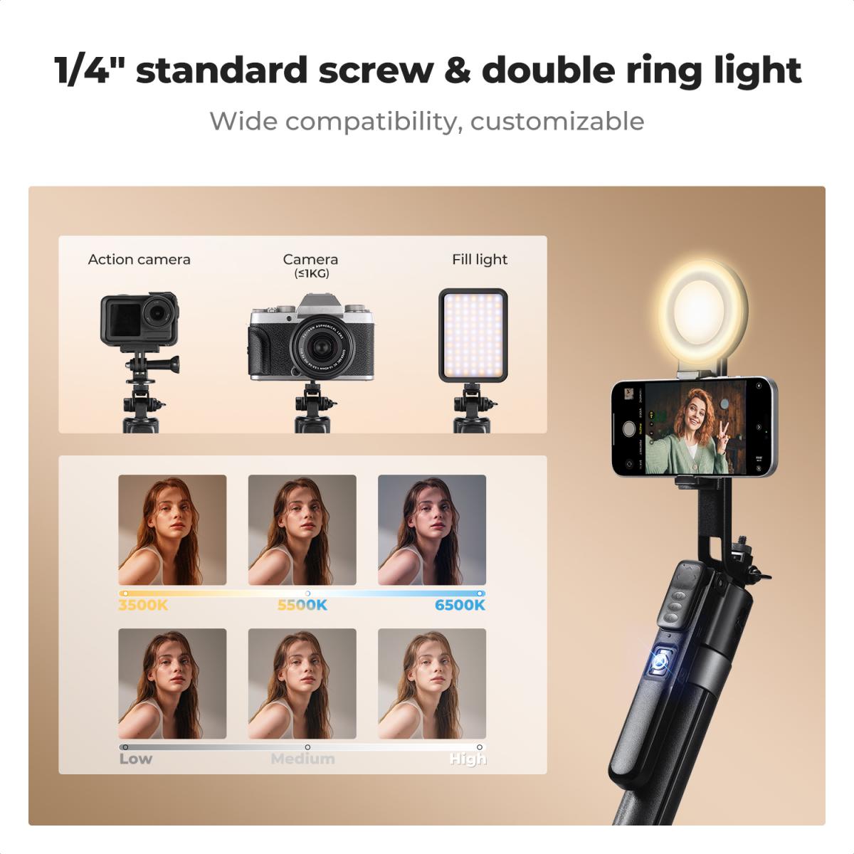 K&F CONCEPT 71“ Face Tracking Tripod, Auto Face Tracking Selfie Stick with 2 Fill Lights, Auto Face Tracking Tripod 360 Totation with Stand, Gesture Control, Remote Control