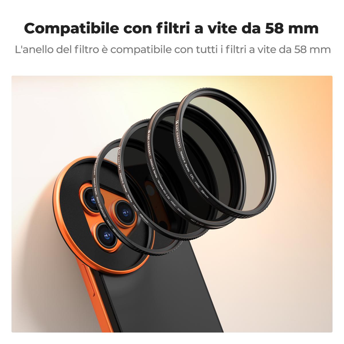 Adattatore per filtro magnetico bifacciale K&F CONCEPT, compatibile con iPhone 17 Pro e filtri filettati da 58 mm, supporto per filtro iPhone (filtro non incluso)