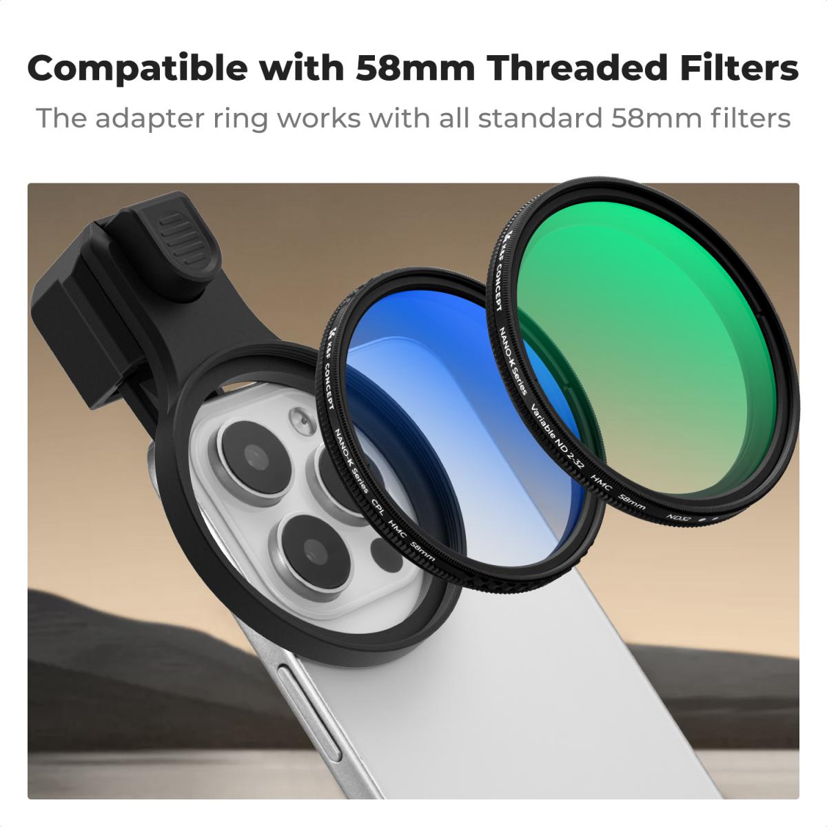 K&F CONCEPT 58mm Press-on CPL Phone Lens Filter Kit, Polarizing Filter Compatible with iPhone 17/16/15/14/13/12 Standard, 16/15/14/13/12 Pro/Pro Max, 58mm Threaded Filters