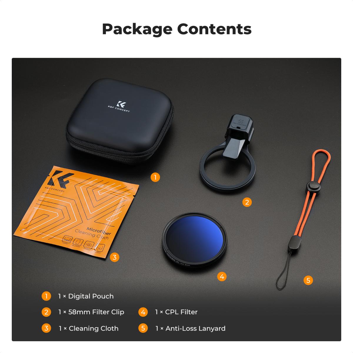 K&F CONCEPT 58mm Press-on CPL Phone Lens Filter Kit, Polarizing Filter Compatible with iPhone 17/16/15/14/13/12 Standard, 16/15/14/13/12 Pro/Pro Max, 58mm Threaded Filters