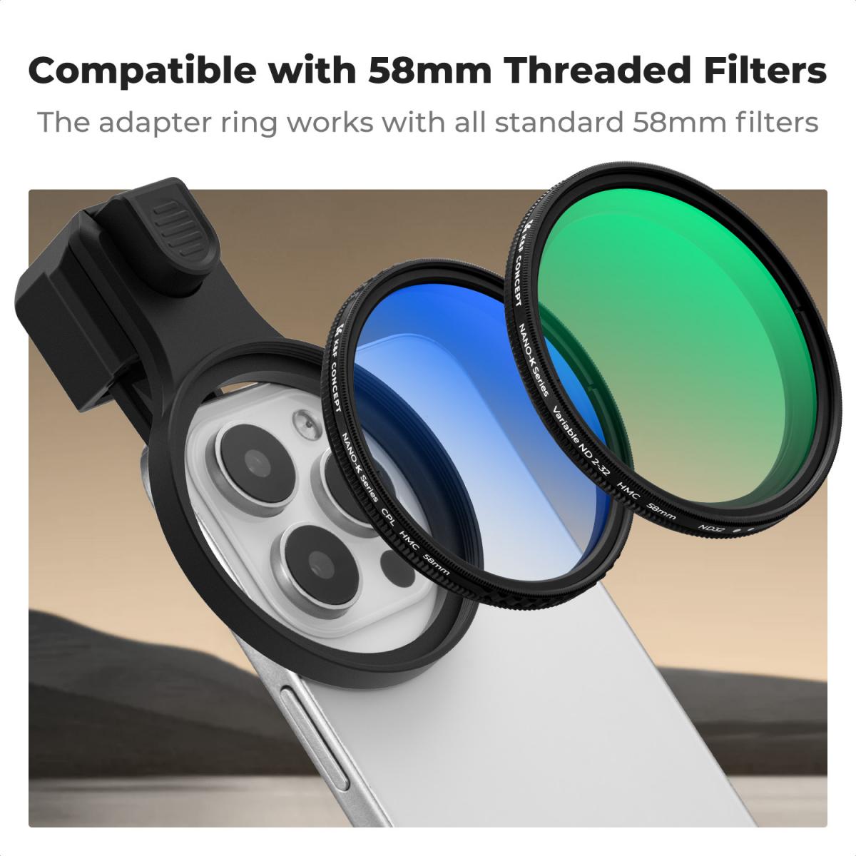 K&F CONCEPT 58mm Press-on Phone Lens Filter Adapter, Compatible with iPhone 17/16/15/14/13/12, 16/15/14/13/12 Pro, 16/15/14/13/12 Pro Max(Filter Not Included)