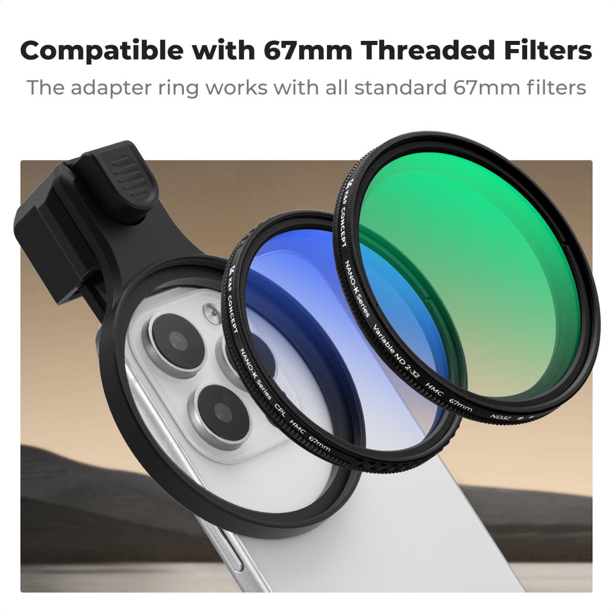 K&F CONCEPT 67mm Press-on ND2-32 Phone Lens Filter Kit, Multi-Coated VND Filter Compatible with iPhone 17/16/15/14/13/12 Standard, 16/15/14/13/12 Pro/Pro Max, 67mm Threaded Filters