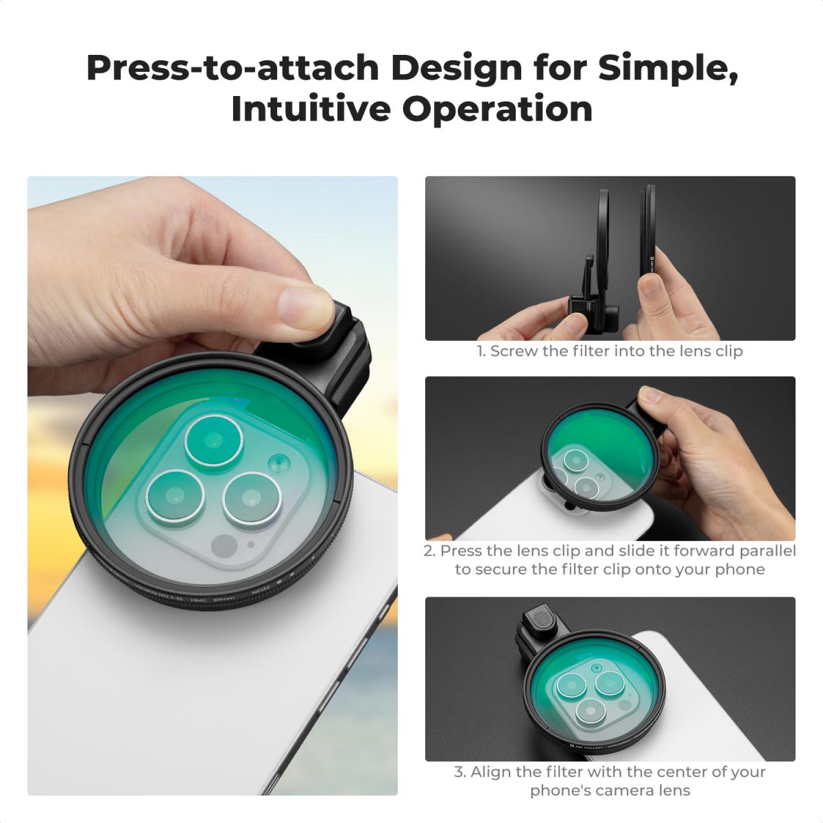 K&F CONCEPT 67mm Press-on ND2-32 Phone Lens Filter Kit, Multi-Coated VND Filter Compatible with iPhone 17/16/15/14/13/12 Standard, 16/15/14/13/12 Pro/Pro Max, 67mm Threaded Filters