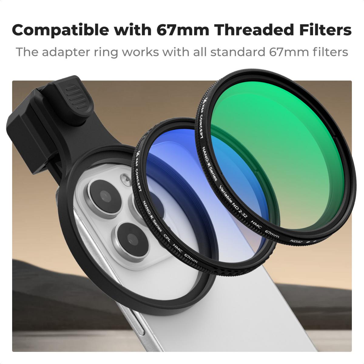 K&F CONCEPT 67mm Press-on Phone Lens Filter Adapter, Compatible with iPhone 17/16/15/14/13/12, 16/15/14/13/12 Pro, 16/15/14/13/12 Pro Max(Filter Not Included)