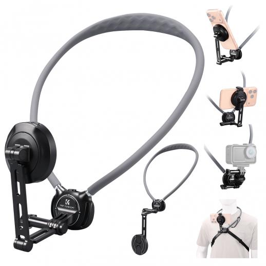 K&F CONCEPT Neck Phone Holder, 2-in-1 Magnetic & Clip-on Phone Neck Holder, POV Phone Holder, Hand Free Chest Stand Compatible with iPhone 17-12 Seires Android Phones
