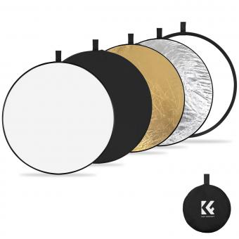 ファイブインワン円形リフレクター 56cm ゴールド シルバー ブラック ホワイト 半透明 ソフト ライト パネル ポートレート 屋外写真撮影 遮光 ポータブル 折りたたみ式 写真テント アクセサリー K&F Concept